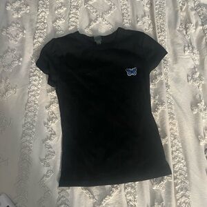 Black T-Shirt with Blue Butterfly Patch